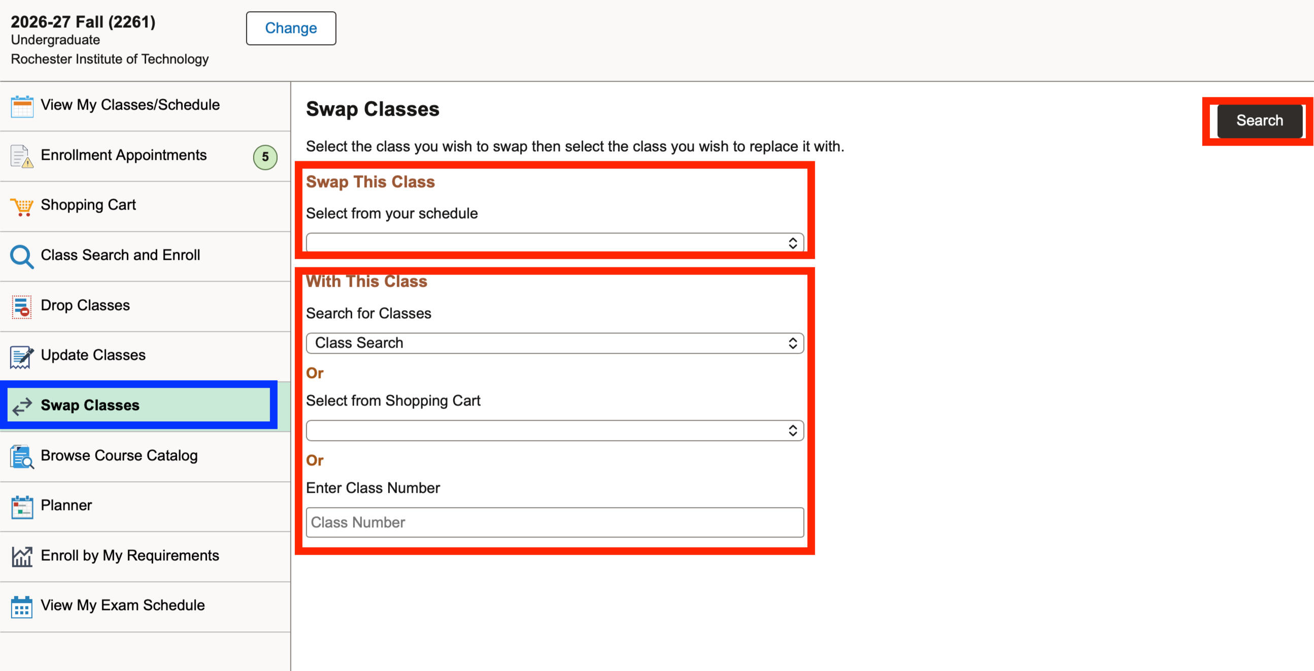 Web page showing the "Swap Classes" interface for a student, with options to select a class to swap from the schedule and then select a class to replace it with either via class search, shopping cart, or entering a class number.