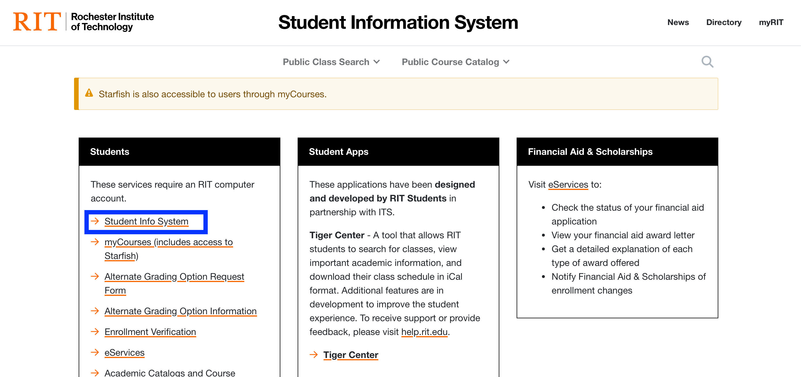Screenshot of the RIT Student Information System webpage, showing navigation links for students, student apps, and financial aid services. "Student Info System" is highlighted in blue.