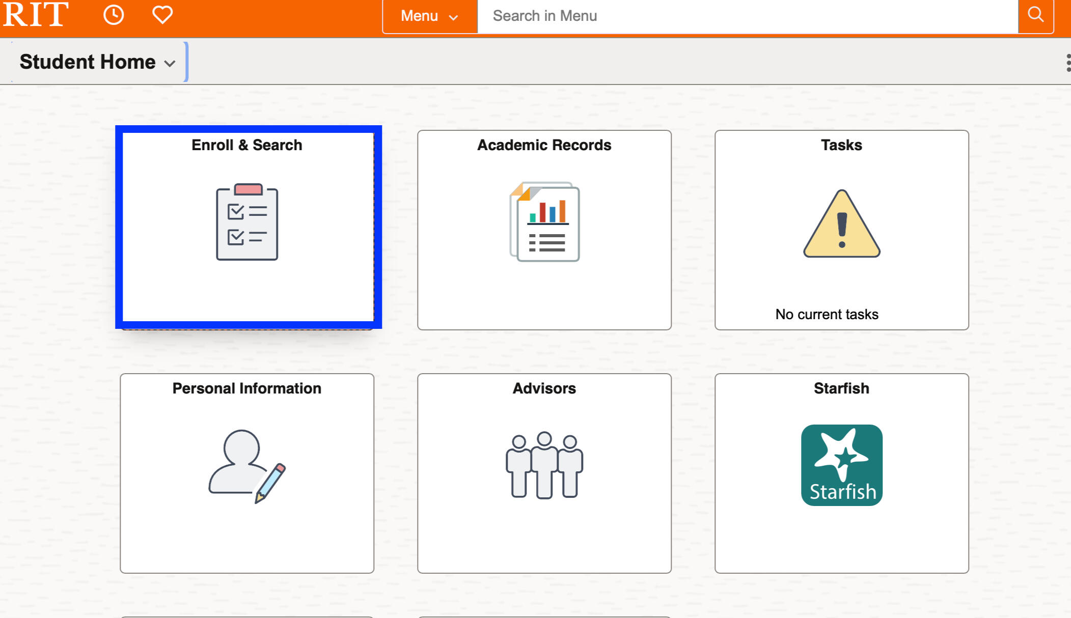 Screenshot of a student portal homepage showing six main options: Enroll &amp; Search, Academic Records, Tasks, Personal Information, Advisors, and Starfish. "Enrollment & Search" is highlighted.