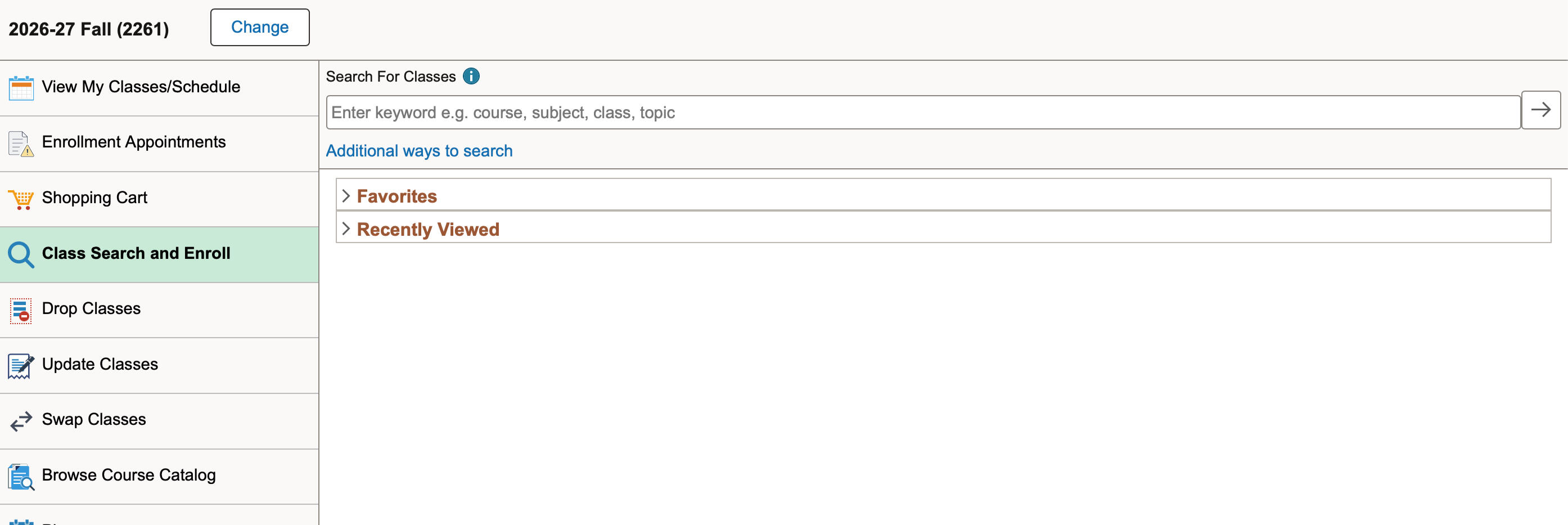 Course enrollment website showing the "Class Search and Enroll" function selected, a search bar to find classes, and links to "Favorites" and "Recently Viewed" classes.
