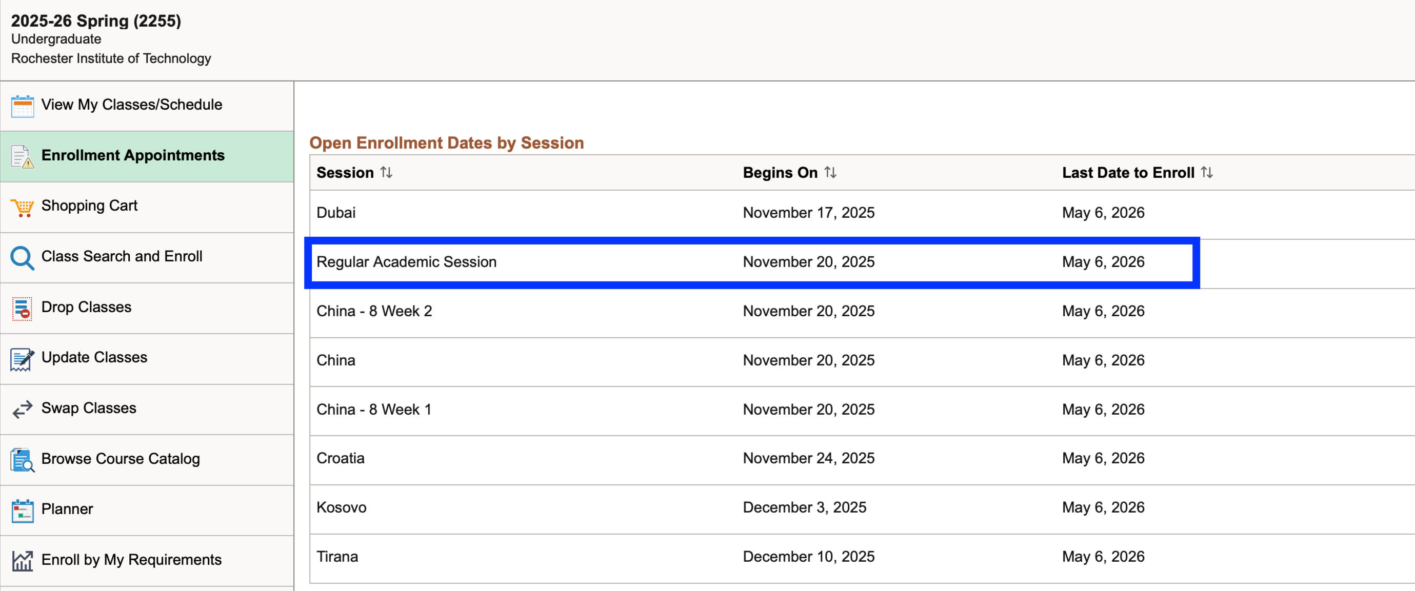 Screenshot of a student enrollment system, displaying open enrollment dates for the Spring 2025-26 semester. The "Regular Academic Session" is highlighted, with enrollment opening and closing dates.