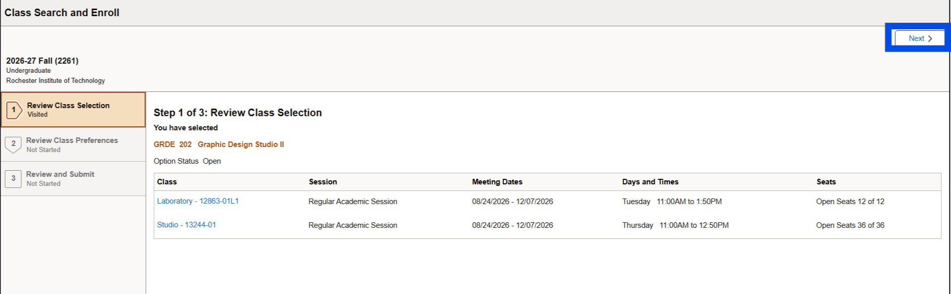 Webpage showing the review of class selection for a Graphic Design Studio II section, including class details like session, meeting dates, days and times, and seat availability.