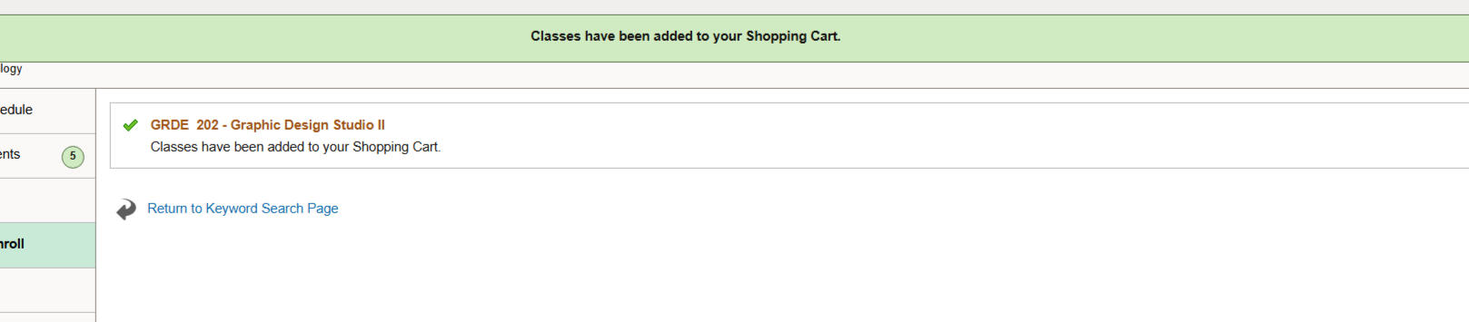 Confirmation message: a class has been added to the shopping cart, and a button to return to the keyword search page.
