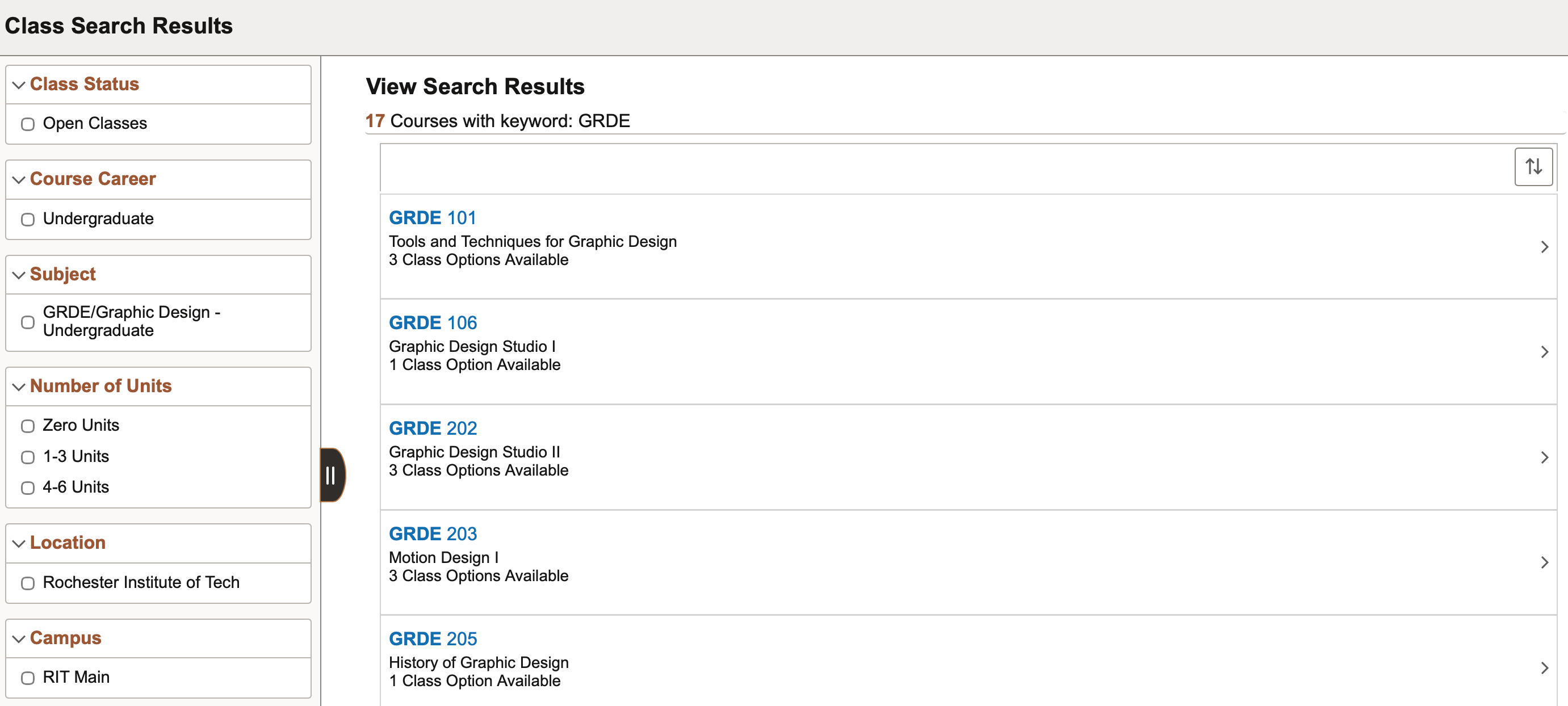 Webpage displaying class search results, with filters on the left and course listings on the right. Search results are filtered by 'GRDE' keyword, undergraduate level, and the Main campus location. Course listings include course titles and codes.