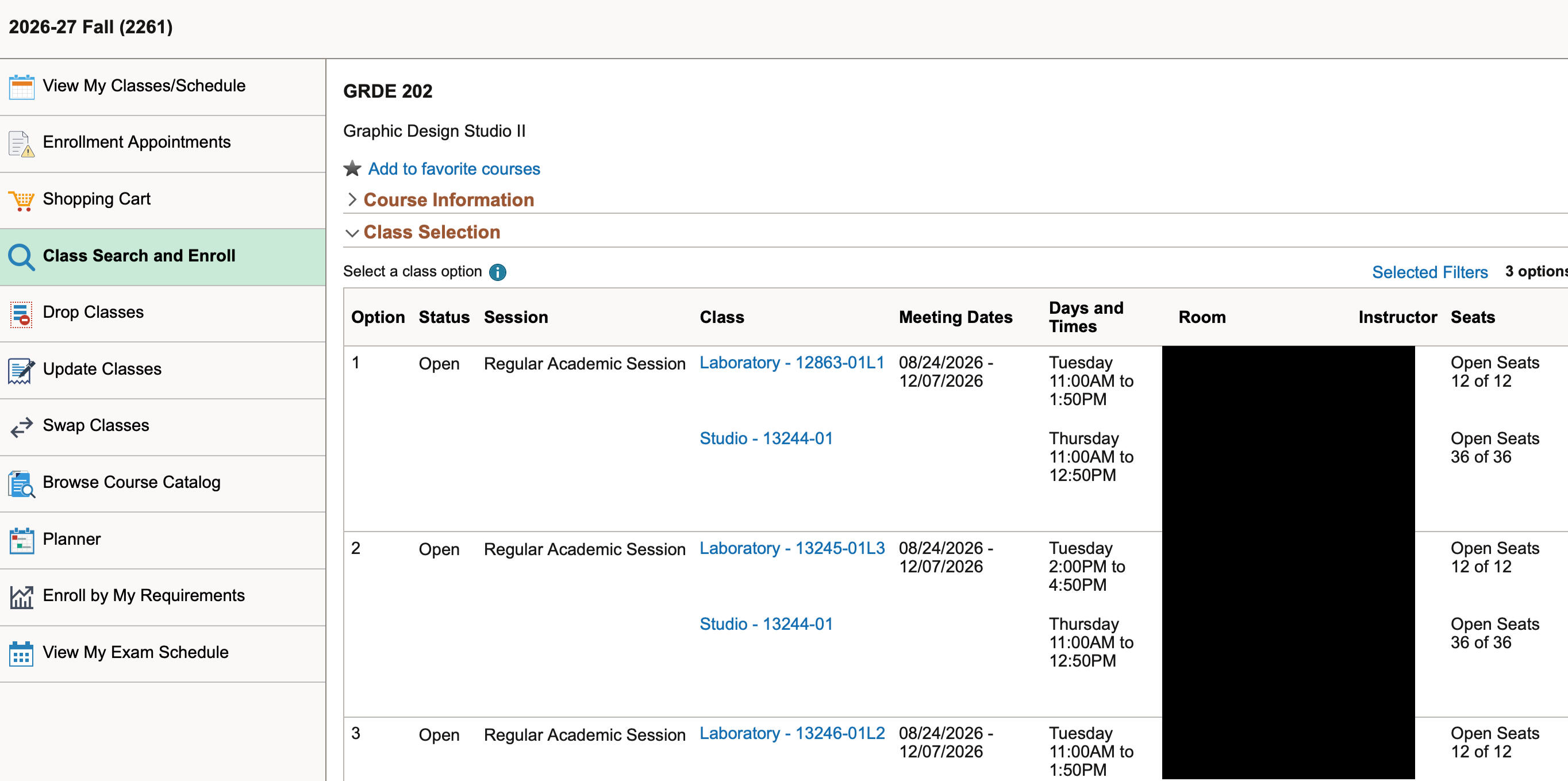 Course registration class selection options for GRDE 202, Graphic Design Studio II, including open sessions, meeting times, and seat availability.