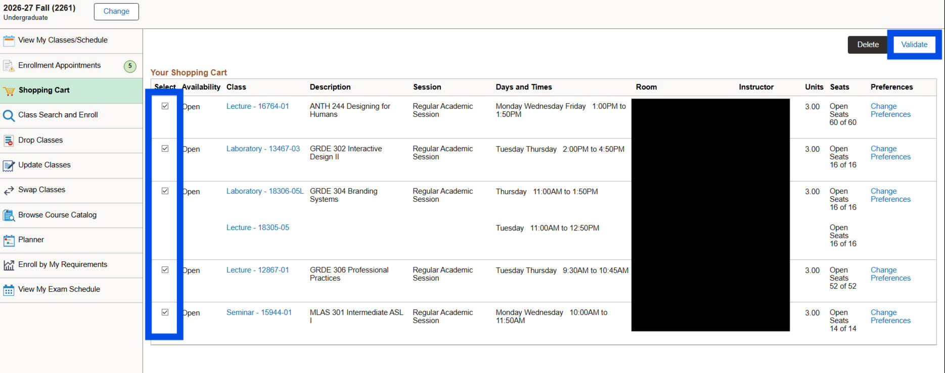 Screenshot of a course enrollment system showing the shopping cart with multiple courses selected.