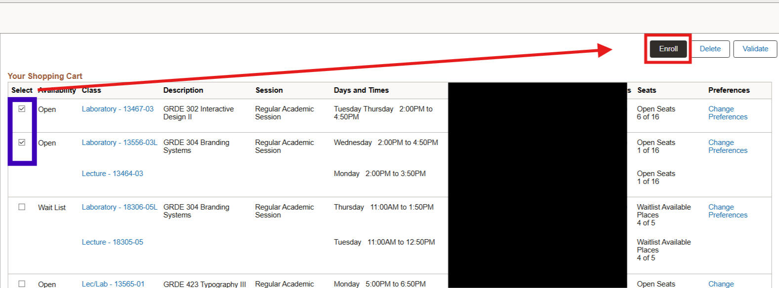 A webpage displaying a student's shopping cart for fall enrollment. Two courses are selected with checkboxes. An arrow points to the "Enroll" button.