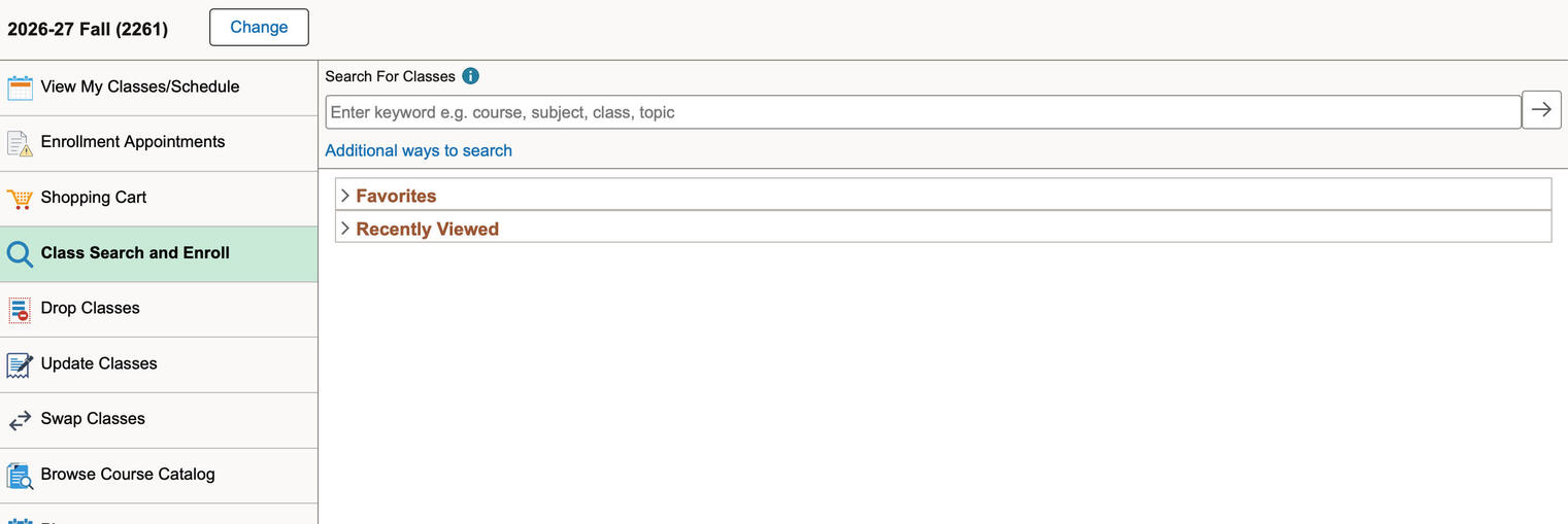 Untitled Course enrollment website showing the "Class Search and Enroll" function selected, a search bar to find classes, and links to "Favorites" and "Recently Viewed" classes.