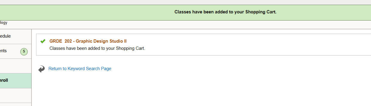 Confirmation message: a class has been added to the shopping cart, and a button to return to the keyword search page.