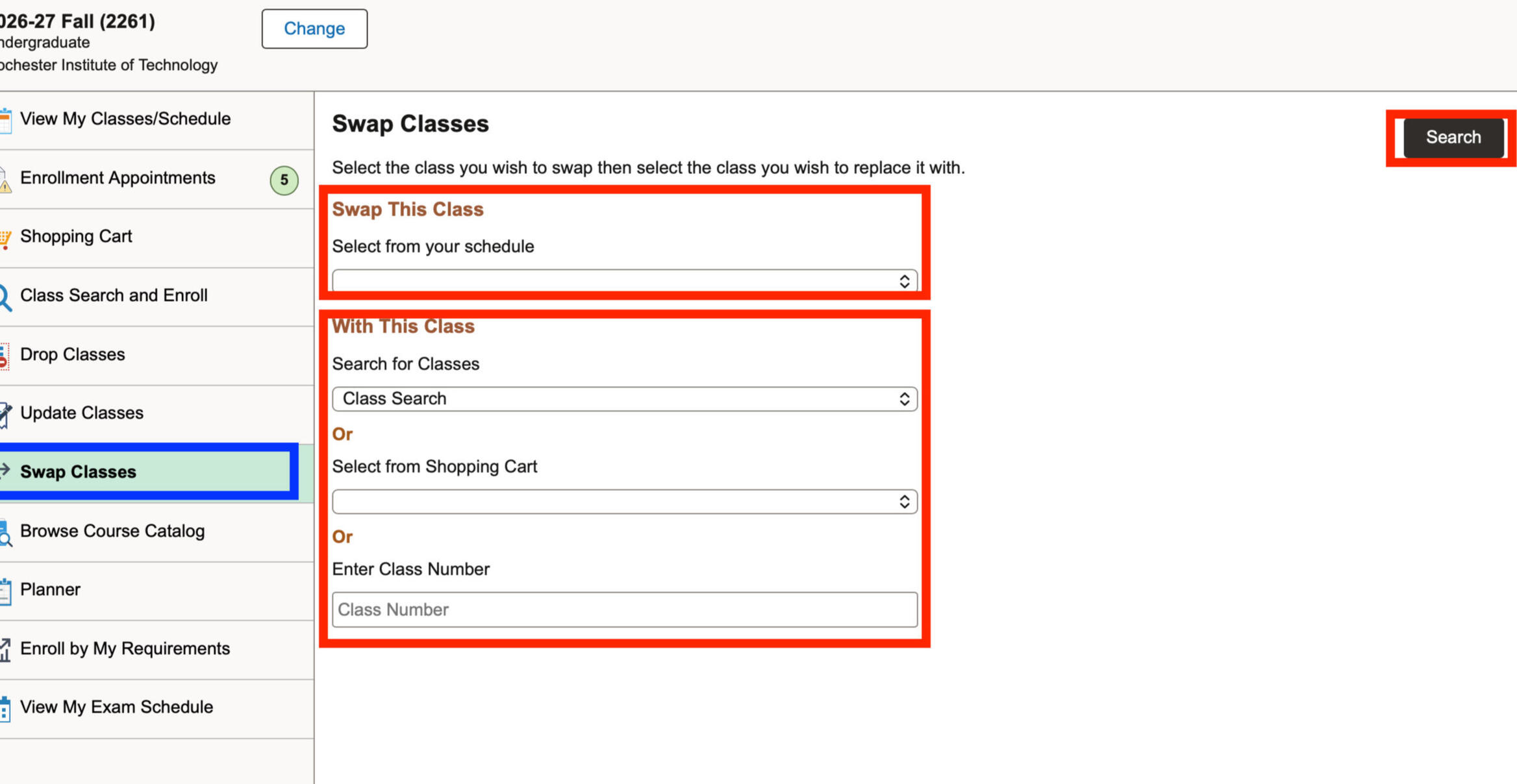 Untitled Web page showing the "Swap Classes" interface for a student, with options to select a class to swap from the schedule and then select a class to replace it with either via class search, shopping cart, or entering a class number.