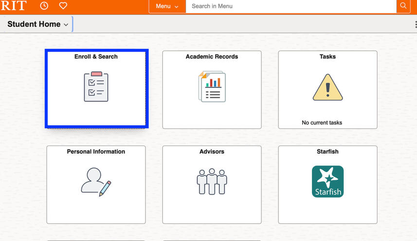 Screenshot of a student portal homepage showing six main options: Enroll, Search, Academic Records, Tasks, Personal Information, Advisors, and Starfish. "Enrollment & Search" is highlighted.