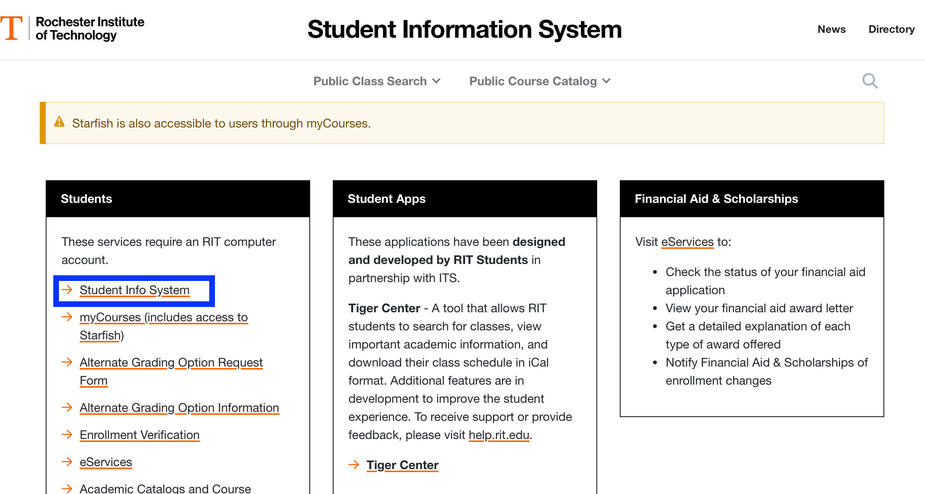 Screenshot of the RIT Student Information System webpage, showing navigation links for students, student apps, and financial aid services. "Student Info System" is highlighted in blue.
