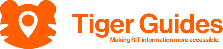 Orange tiger head logo with a white location pin, accompanied by the text "TigerGuides, Making RIT information more accessible.